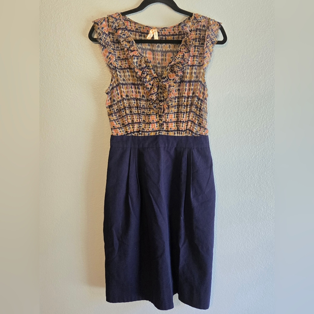 MAEVE Anthropologie Awaiting Wings Dress Navy Skirt & Sheer Multicolor Top Sz 4
